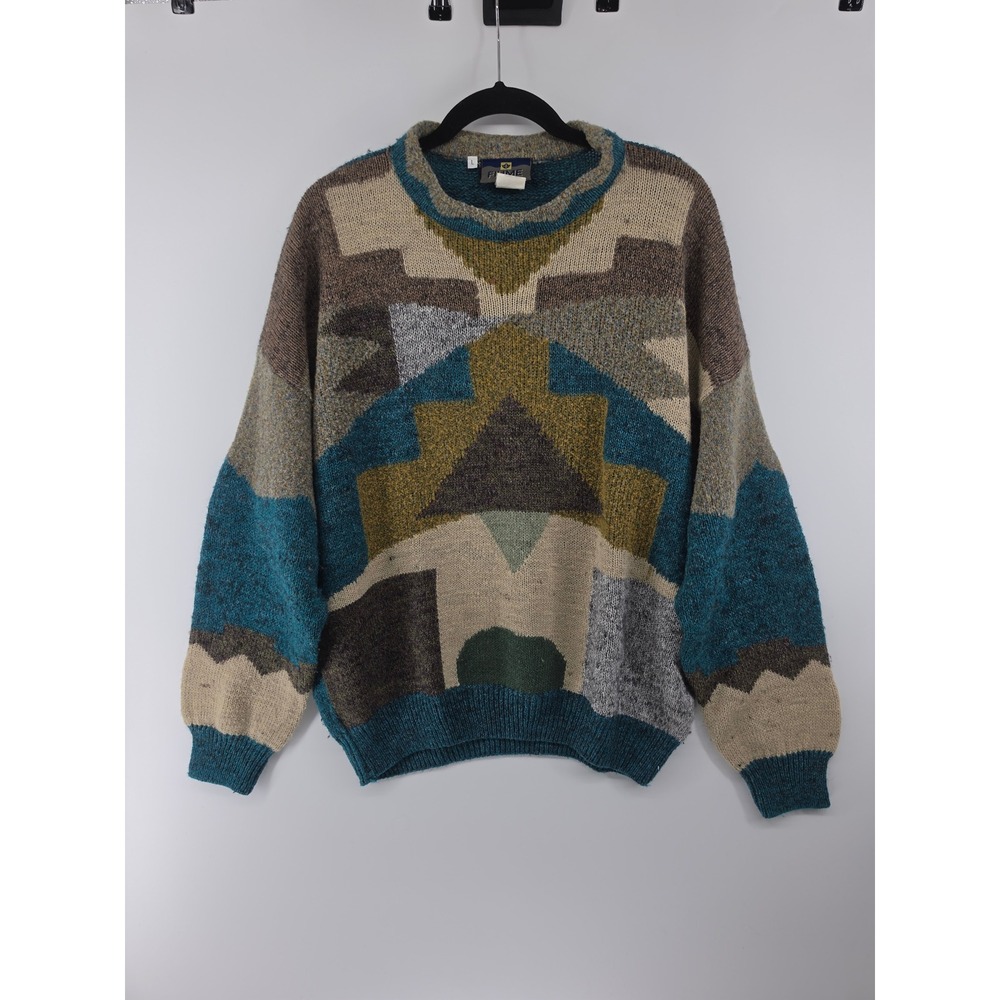 Fiume Vintage Mens Wool Cashmere BlendGeometric Intarsia Sweater Made in Italy L